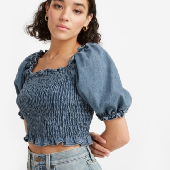 Levi's Tops - Levi's Retro 70s Smocked Denim Crop Top Blue Size Large Milkmaid